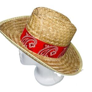 Beige Straw Cowboy Hat Red White Ribbon Western Costume Dance Theatre Halloween